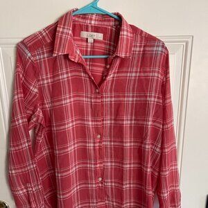 ANN Taylor Loft Woman's Large Petite Peach Plaid Lightweight Button Front Blouse